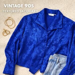 Vintage Christie & Jill Blue Jacquard Button Front Blouse Size 12